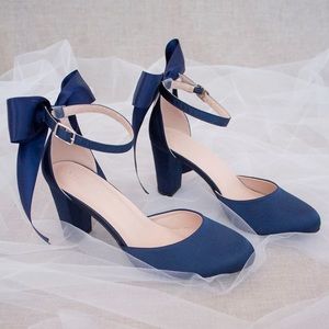 *LIKE NEW* Navy Satin Block Heel with Satin Back Bow